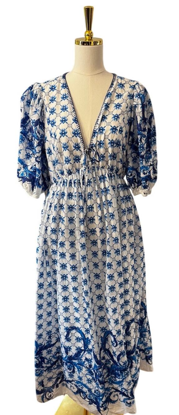 Farmer's Market Blue White Floral Border Print Cotton Smocked Midi Maxi Dress L